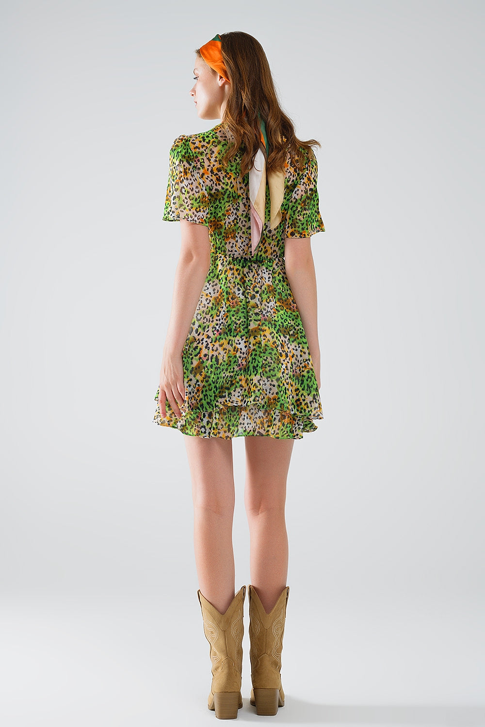 Abito corto verde multicolore con top incrociato con stampa animalier