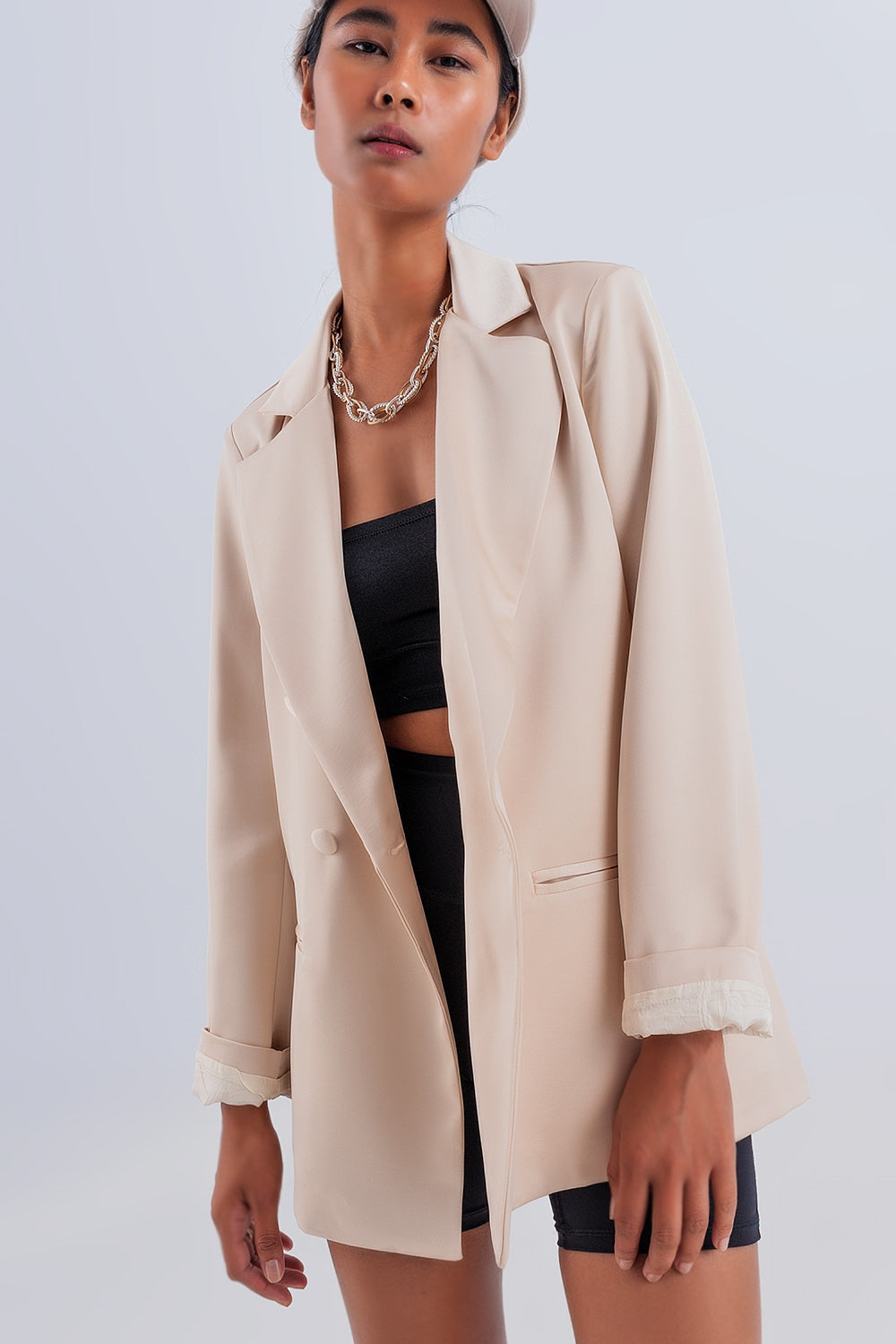 Blazer doppiopetto in raso beige