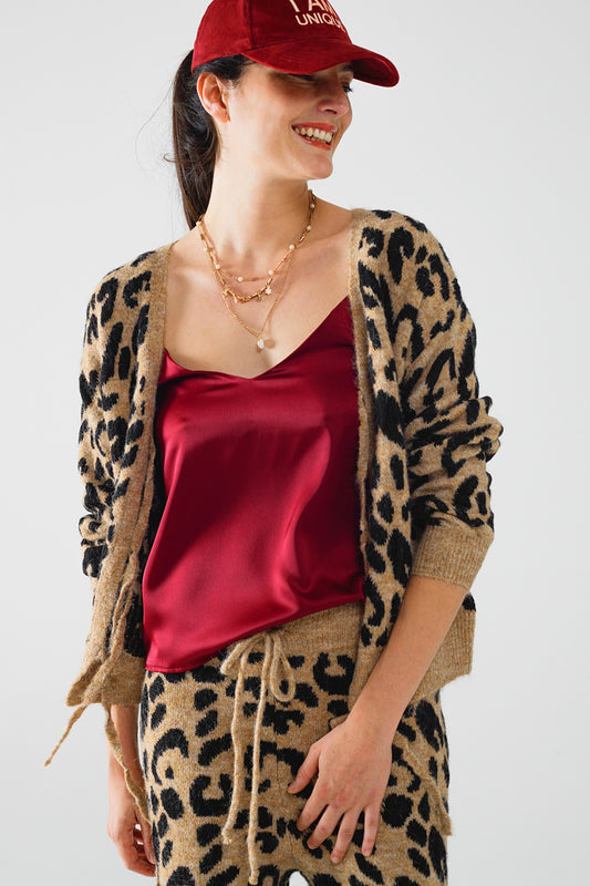 Q2 Cardigan a maniche lunghe con stampa leopardo e dettagli con fiocchi