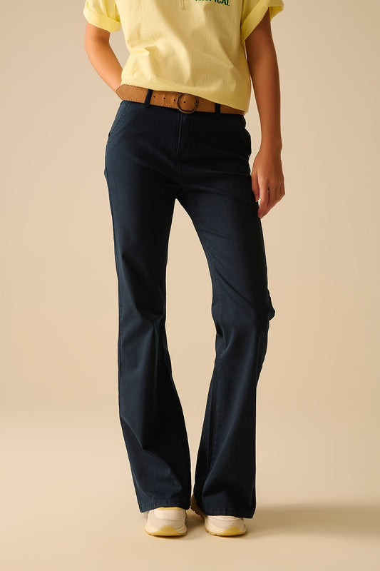Q2 Comodi jeans a zampa in denim elasticizzato blu navy