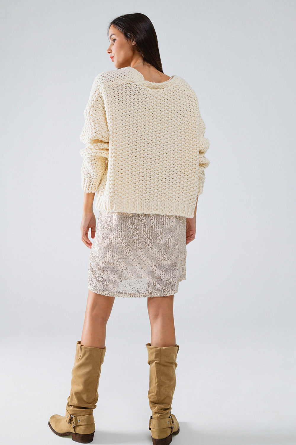 Giacca oversize in maglia grossa beige con tasche