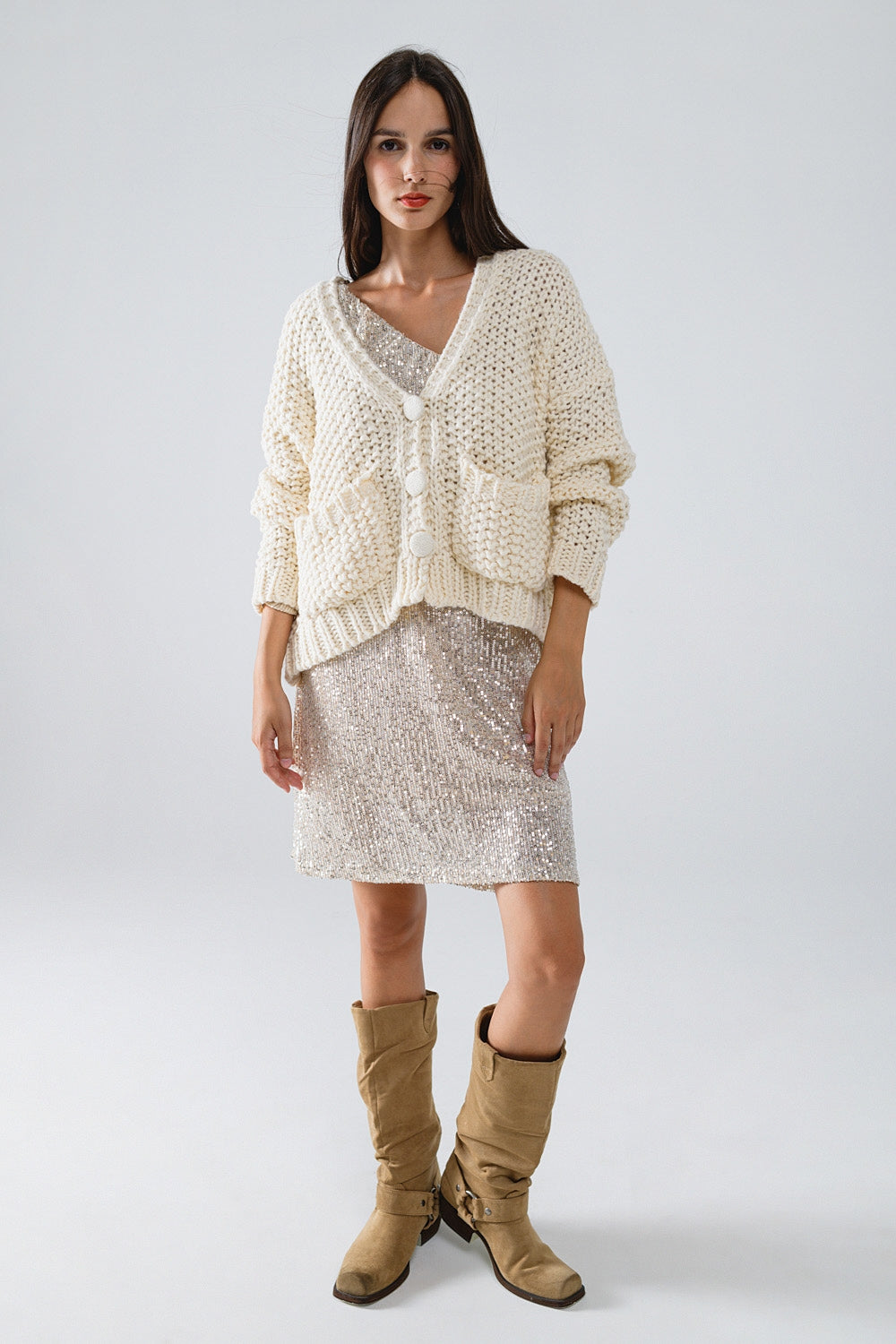 Giacca oversize in maglia grossa beige con tasche