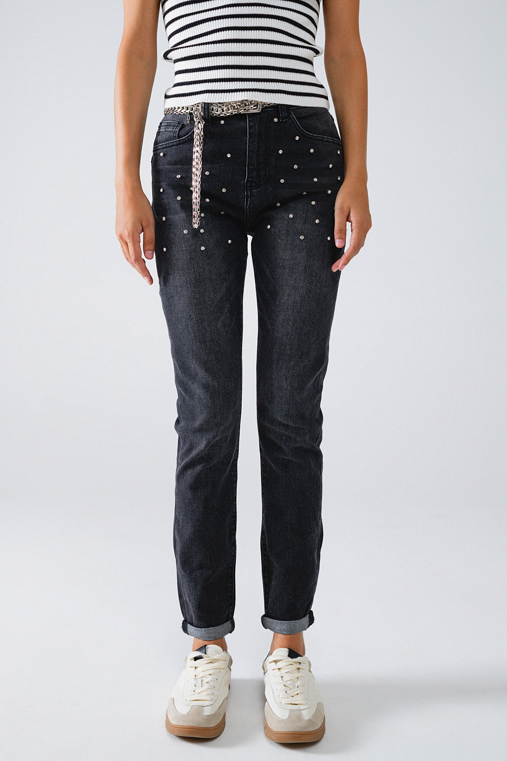 Q2 Jeans skinny neri con strass