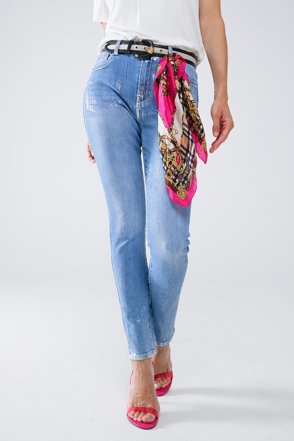 Q2 Jeans super skinny in denim con effetto metallizzato