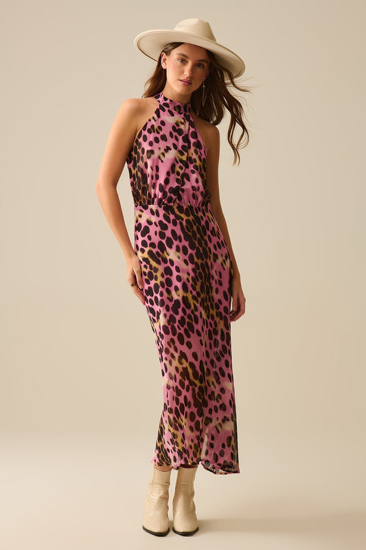 Q2 Vestito midi con collo incrociato con stampa animalier rosa e nera