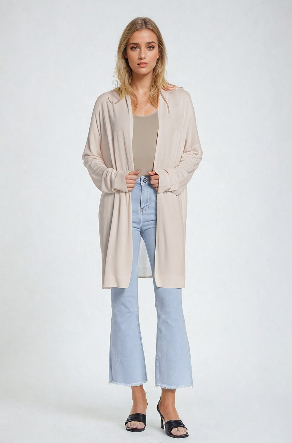 Q2 Maxi cardigan aperto beige a maniche lunghe