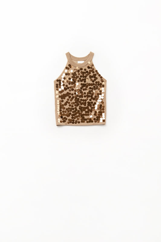 Q2 Top in maglia color cammello con dettagli in paillettes